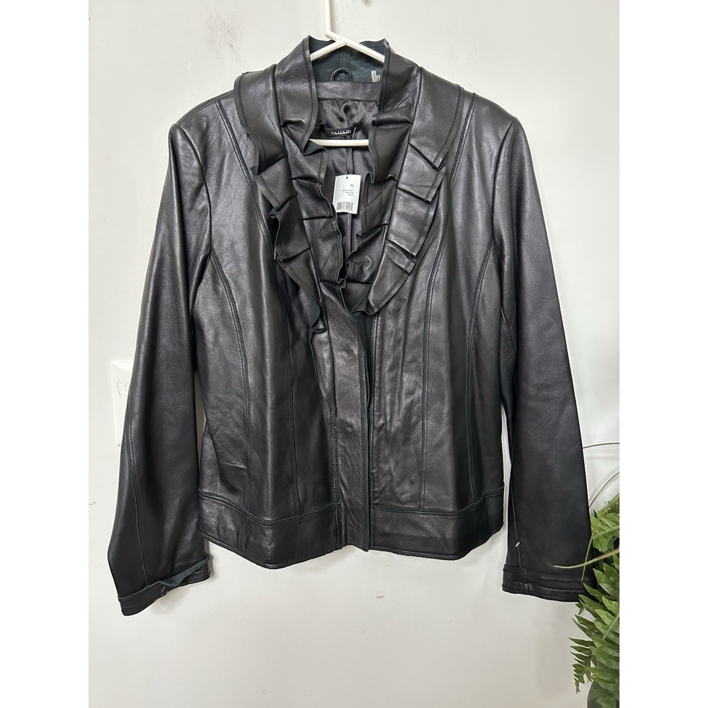 NWT Tahari Black Leather Jacket Ruffle Collar Moto Goth Coquette Whimsigoth XL - Picture 4 of 10